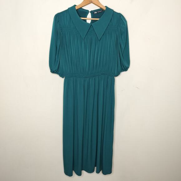 Zara Teal Stretch Knit Midi Dress Collared Short Sleeve - Picture 1 of 9